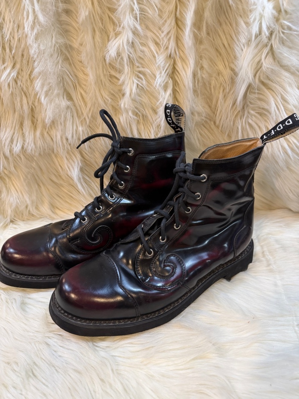 John Fluevog Men's Lace-Up Boots in Black with Deep Burgundy Sheen -Size 11